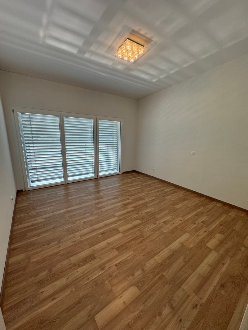 This image shows a spacious room with hardwood flooring and large windows. The room has a clean, minimalist design with white walls and a decorative ceiling light fixture. The room appears to be a living room or bedroom, with plenty of natural light comin