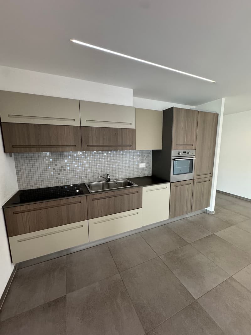 Modern kitchen with gray and wood-tone cabinets, a tile backsplash, a stainless steel sink, and a built-in dishwasher. The kitchen has a clean, minimalist design with recessed lighting above.