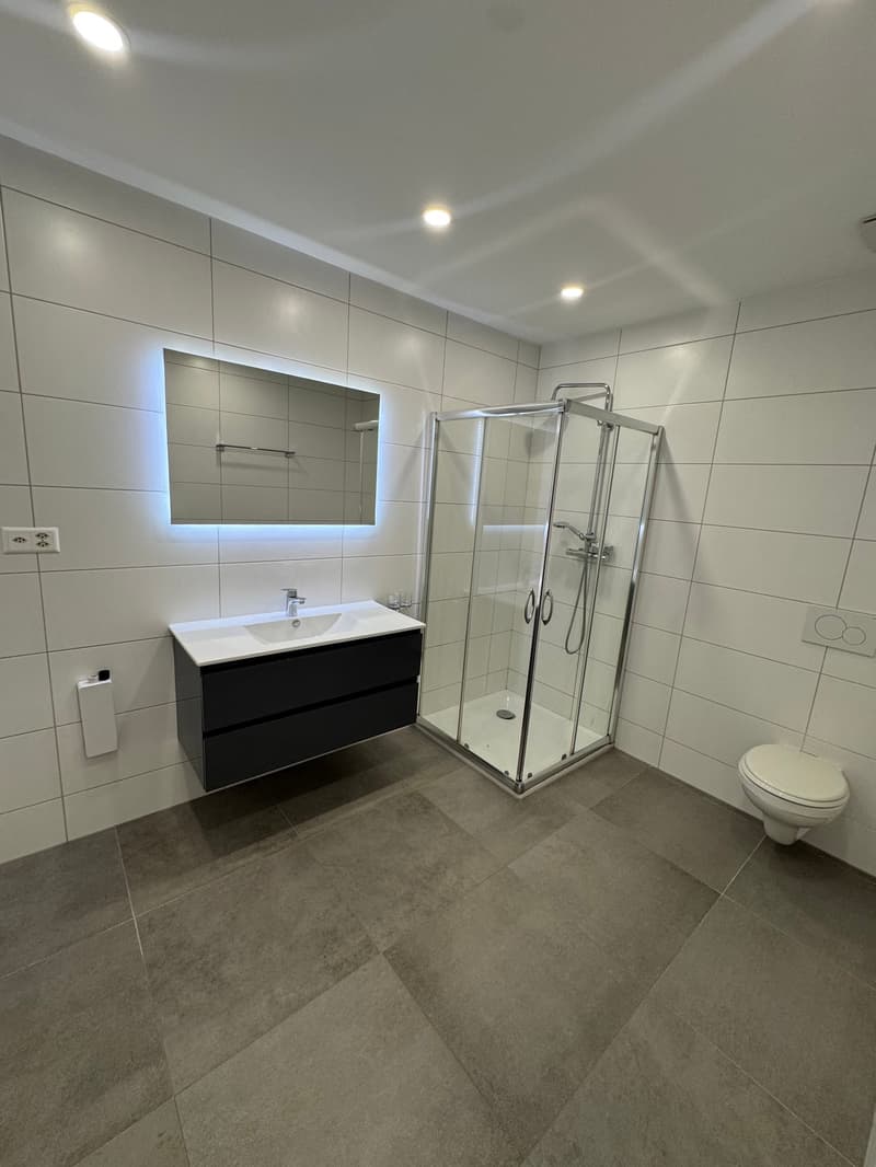 Modern bathroom with white tile walls, black vanity cabinet, large mirror, and glass shower enclosure