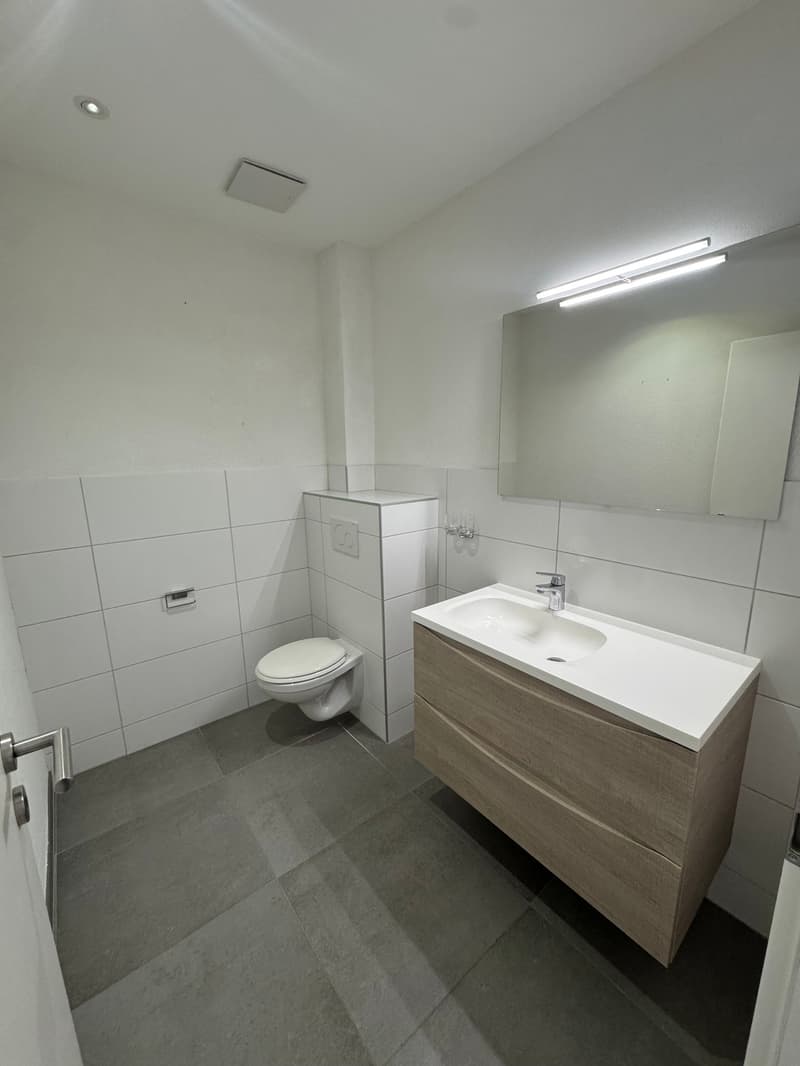 The image shows a modern bathroom with white walls, gray tile flooring, a vanity with a sink, a toilet, and a mirror above the vanity. The bathroom appears to be well-lit with recessed lighting and a wall-mounted light fixture.