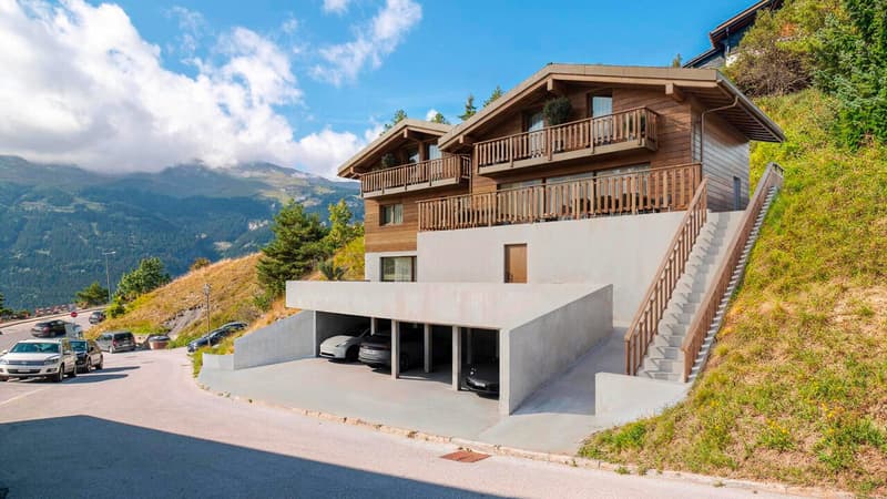 Vue sur les 2 chalets mitoyens (Rendu photo) / View of the 2 adjoining chalets (Photo rendering) / Vista dei 2 chalet adiacenti (Foto rendering)
