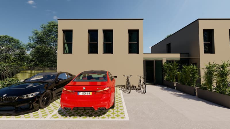 Modern house with two parking places, bicycles, glass door, two floors, rectangular shape