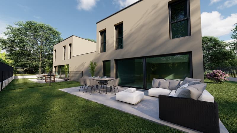 Two-story modern house with beige wall, large windows, front yard, table and chairs