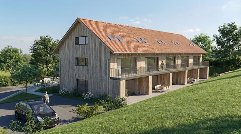 2 story house, wooden exterior, red roof, solar panels, balcony, two cars parked, outdoor table and chairs