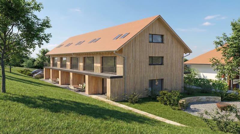 Contemporary house with large windows, two stories, brown roof, wooden walls, terrace, cars parked outside.