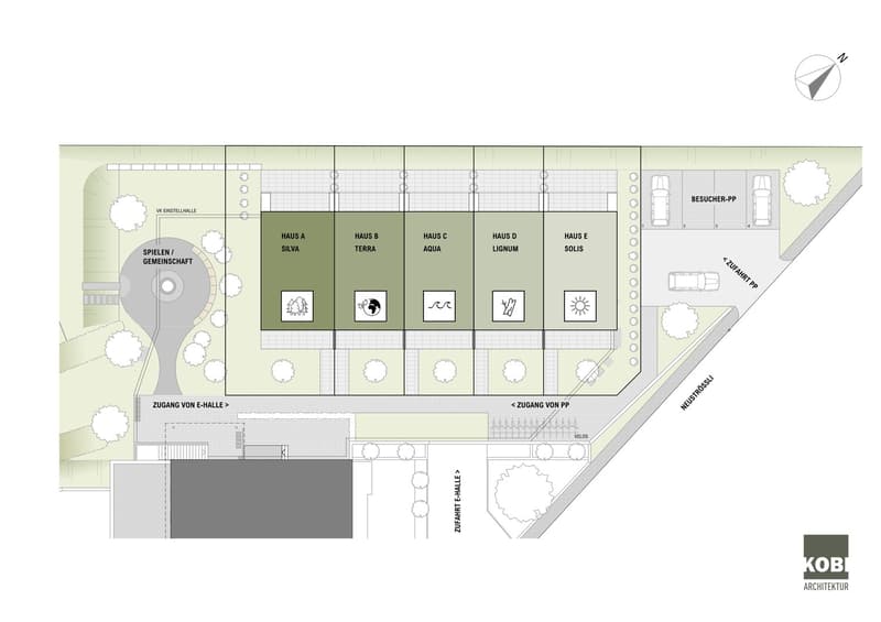Five separate residential units labeled from A to E, each with assigned parking spaces, an entry hall, a community area/sirien, and access points for visitors and bicycles.