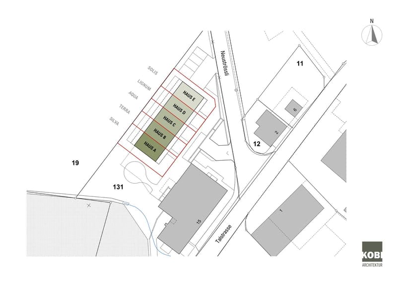 4 residential buildings labeled HAUS A, HAUS B, HAUS C, HAUS D, and HAUS E, each building is separated by dashed red lines, 2 garages, 11 units of other buildings
