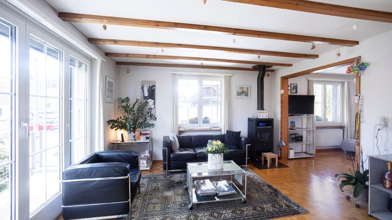 modern living room with black leather couches, glass coffee table, carpet, fireplace, large windows, plants