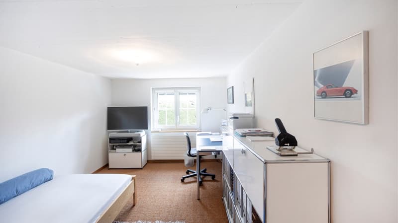 Single bed, desk, chair, television, cabinet, carpet, picture frame, window