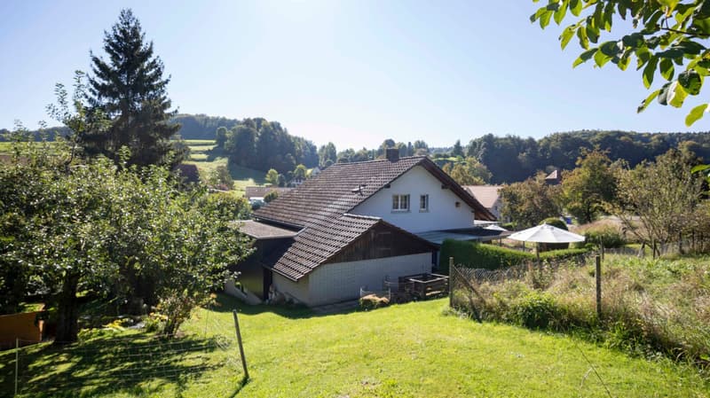 Detached house, brown roof, white walls, surrounded by trees and grass, garden, rural area