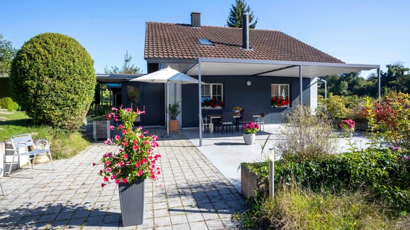 Detached house, brown roof, covered terrace, garden, patio with table and chairs, flowers, plants, trees