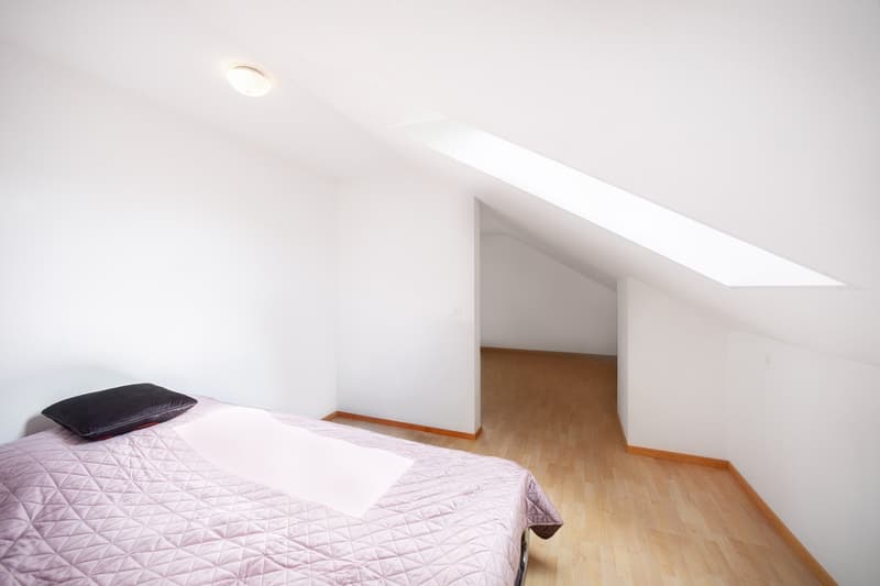 Empty room with a bed, white walls, wooden floor, and a skylight