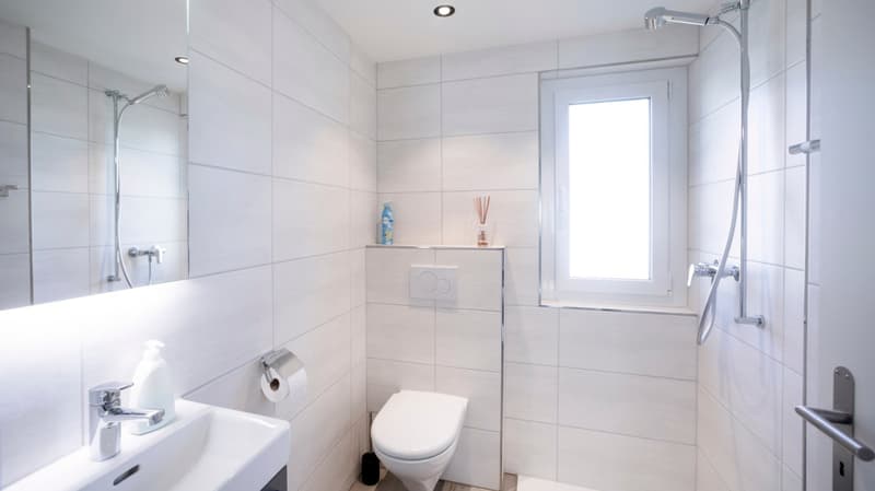 modern bathroom with white tiles, white sink, white toilet, shower, mirror, window