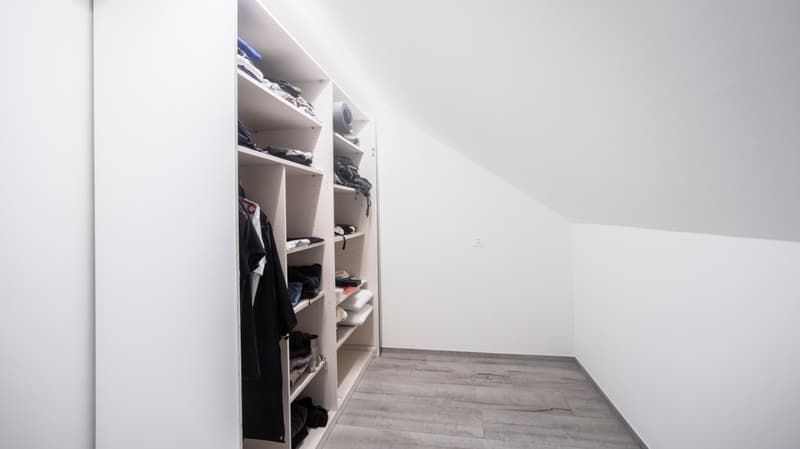 walk-in closet with white shelves, grey floor, white walls