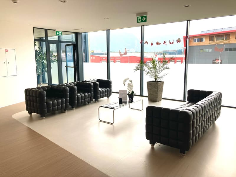 modern lobby with black leather couches, glass walls, wooden floor, plants, table, and a view of the outside