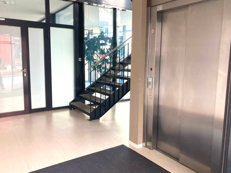 modern building entrance with glass doors, black carpet, black stairs, elevator