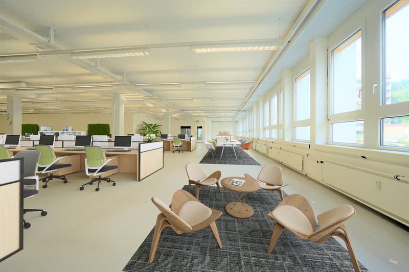 open floor plan, cubicles, desks, monitors, chairs, radiators, large windows