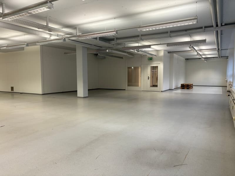 Wide room, with white walls, ceiling lamps, two doors, large columns, and a white floor