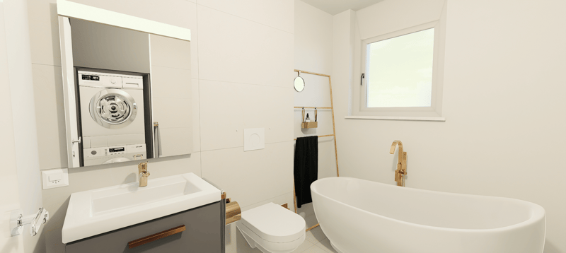 Modern bathroom with white walls, freestanding bathtub, vanity sink, washing machine, and gold-colored fixtures
