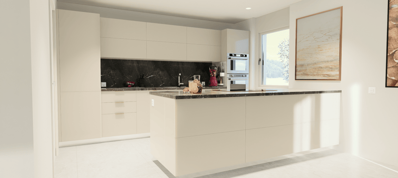 Spacious modern kitchen with white cabinets, black marble countertops, built-in appliances including a dishwasher, and a large window providing natural light.