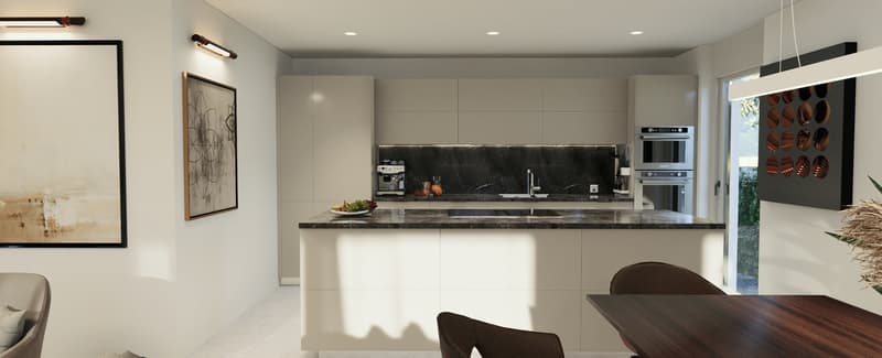 Modern kitchen with white cabinets, black marble countertops, built-in appliances including a dishwasher, and a dining area with a wooden table and chairs
