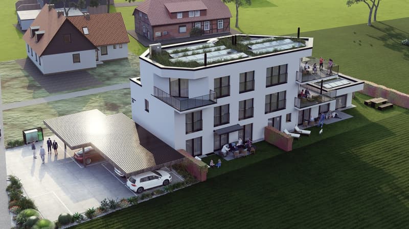 4-story modern apartment building with a flat roof, balconies, and a parking area in the front. The building has a contemporary design with large windows and a green roof. There are several people visible on the balconies and in the outdoor seating area.