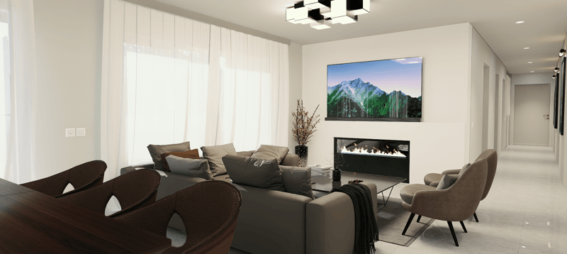 Spacious living room with large windows, modern furniture including a sectional sofa, armchairs, and a dining table, a fireplace, and a large wall-mounted TV displaying a scenic mountain landscape.