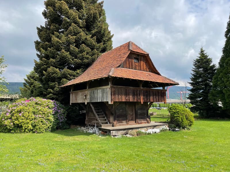 wooden exterior, tiled roof, elevated ground floor, staircase on side, surrounded by trees and bushes