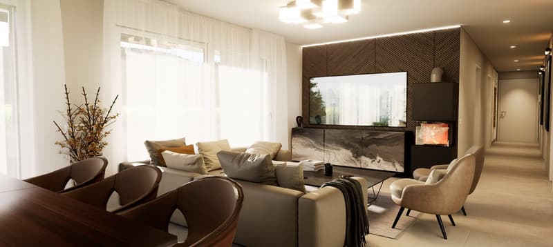 modern living room with L-shaped couch, dining table, large windows, fireplace, TV, table lamp
