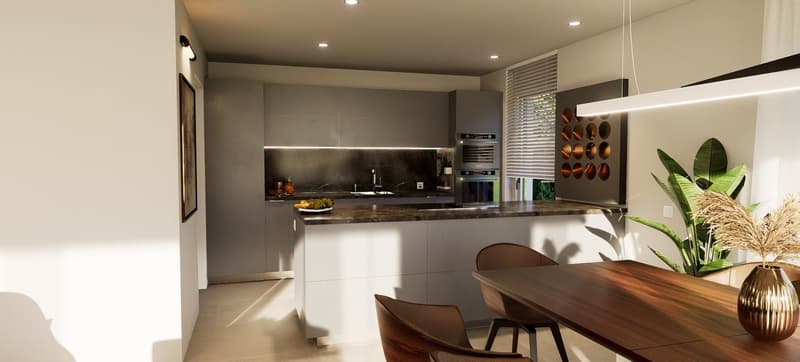 modern kitchen, marble countertop, wooden island with dining table, gray cabinets, light fixtures, glass plant vase