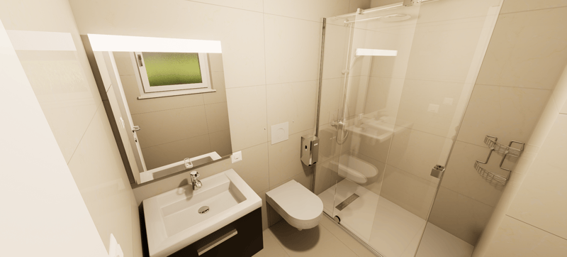 modern bathroom with glass shower, toilet, sink and mirror