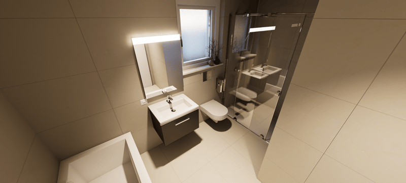 A small, clean, and modern bathroom featuring a white bathtub, a white sink with a faucet, a toilet, and a glass shower stall.