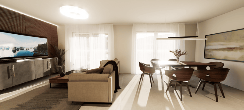 modern living room with beige sofa, flat screen TV, side table, wooden dining table with chairs, white curtains, metal lamp