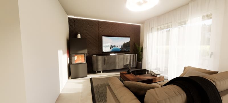 Modern living room with fireplace, flat screen TV, entertainment unit, rug, sofa, coffee table