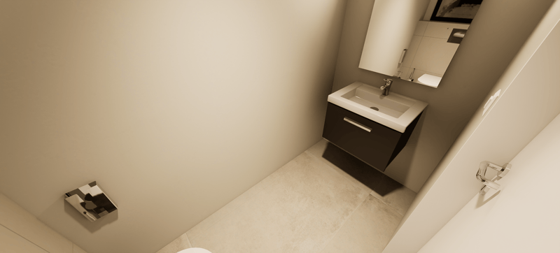 modern, simple and clean design, white sink, vanity, wall mounted mirror, toilet