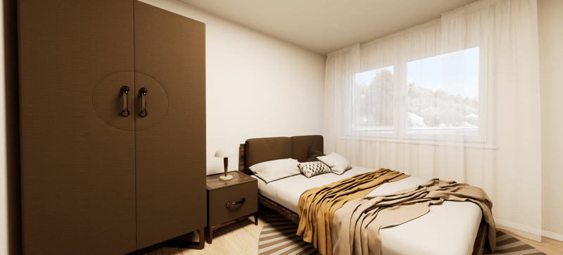 single bed, nightstand, cabinet, carpet, white wall, big window with curtain, view of a tree outside