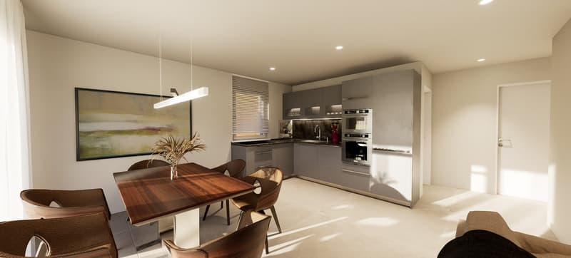 Modern open kitchen with dining table, modern built-in cabinets, modern light fixtures, and modern art on the wall.