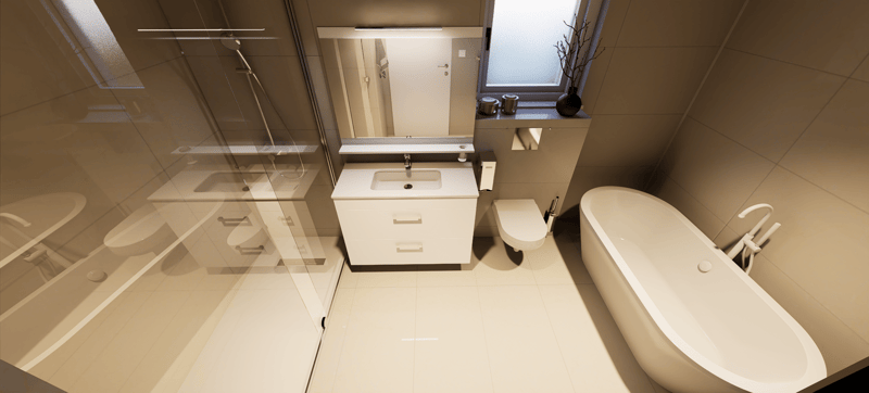 modern bathroom, shower, bathtub, toilet, vanity with sink, mirror, open-plan layout