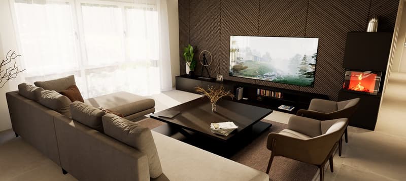 large sofa, coffee table, TV, fireplace, armchairs, potted plants, flooring