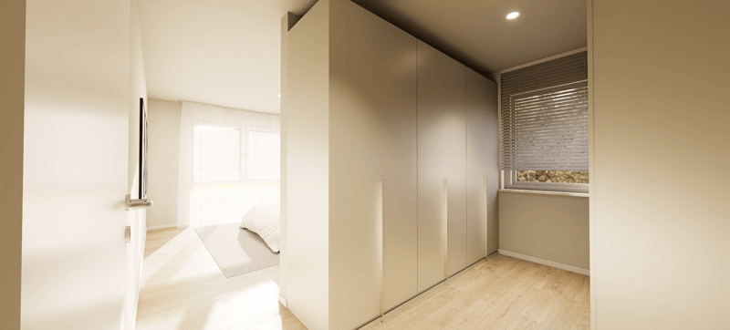long hallway, closet with mirror, window, bed in the background, beige floor