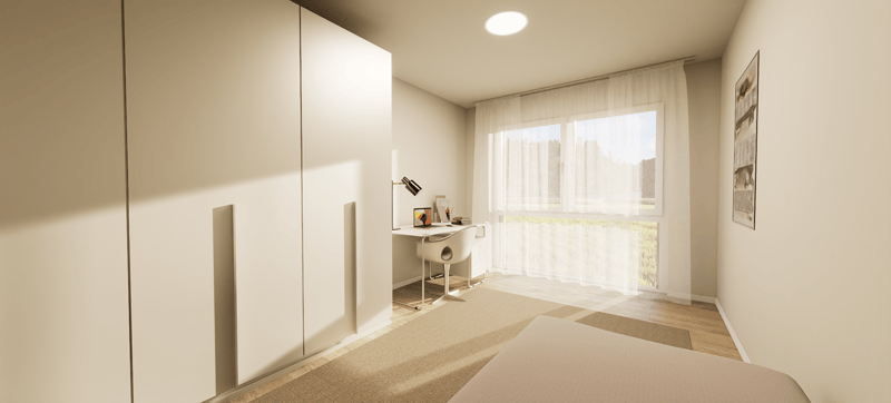 desk, chair, laptop, carpet, desk lamp, large windows, double closet