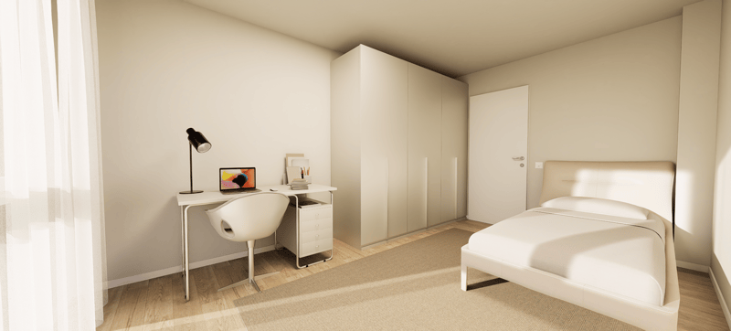 bedroom with desk, chair, lamp, bed, curtains, floor