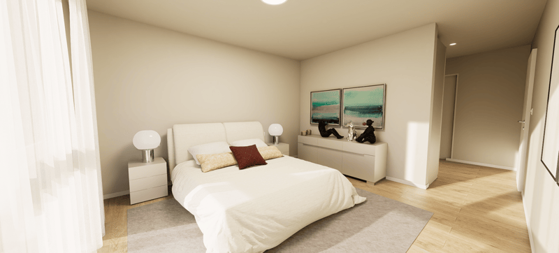 bedroom, bed, nightstands, art, dresser