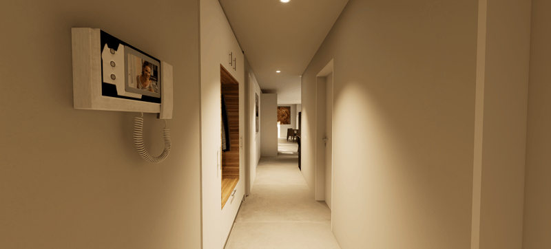 Hallway with a surveillance monitor and light switch, neutral tones, tiled floor, and ceiling lighting.