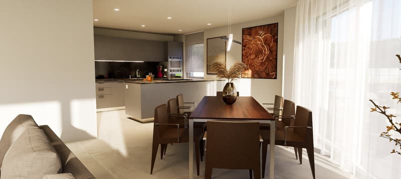 Dining room with a table and chairs, kitchen with counter and appliances, open floor plan