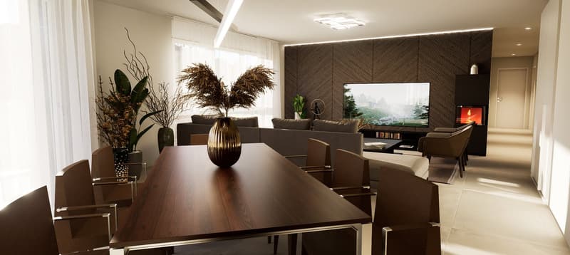 Living room with fireplace, dining table, couch, large windows, modern decor