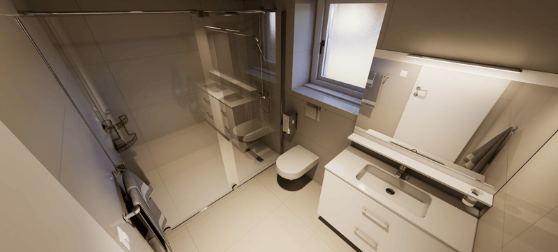 white tiles, glass shower enclosure, white toilet, vanity with sink, window