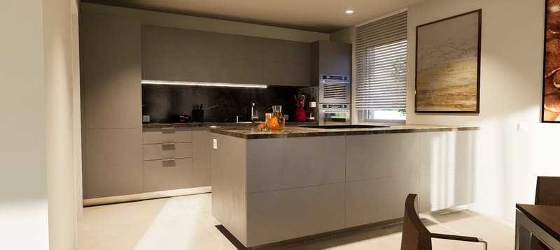 Gray cabinets, granite countertops, marbled backsplash, stainless steel appliances, modern decor, windows with blinds, kitchen island with black granite.