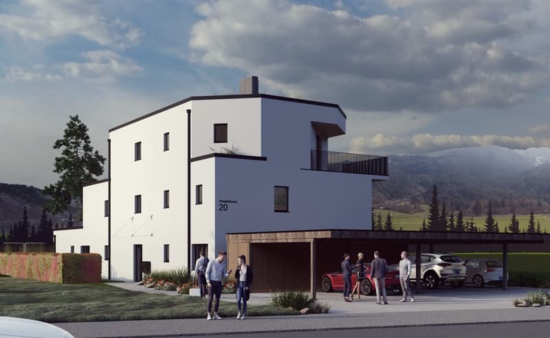 Modern apartment complex, white exterior, 3 floors, balcony, garage, multiple cars parked