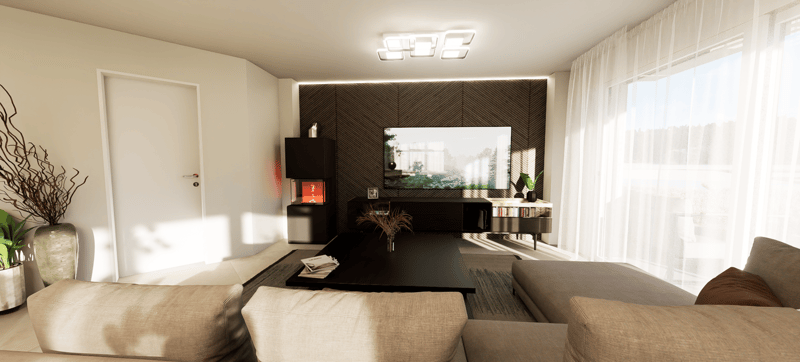 modern, open space living room with a fireplace, sofas, TV, and white curtains